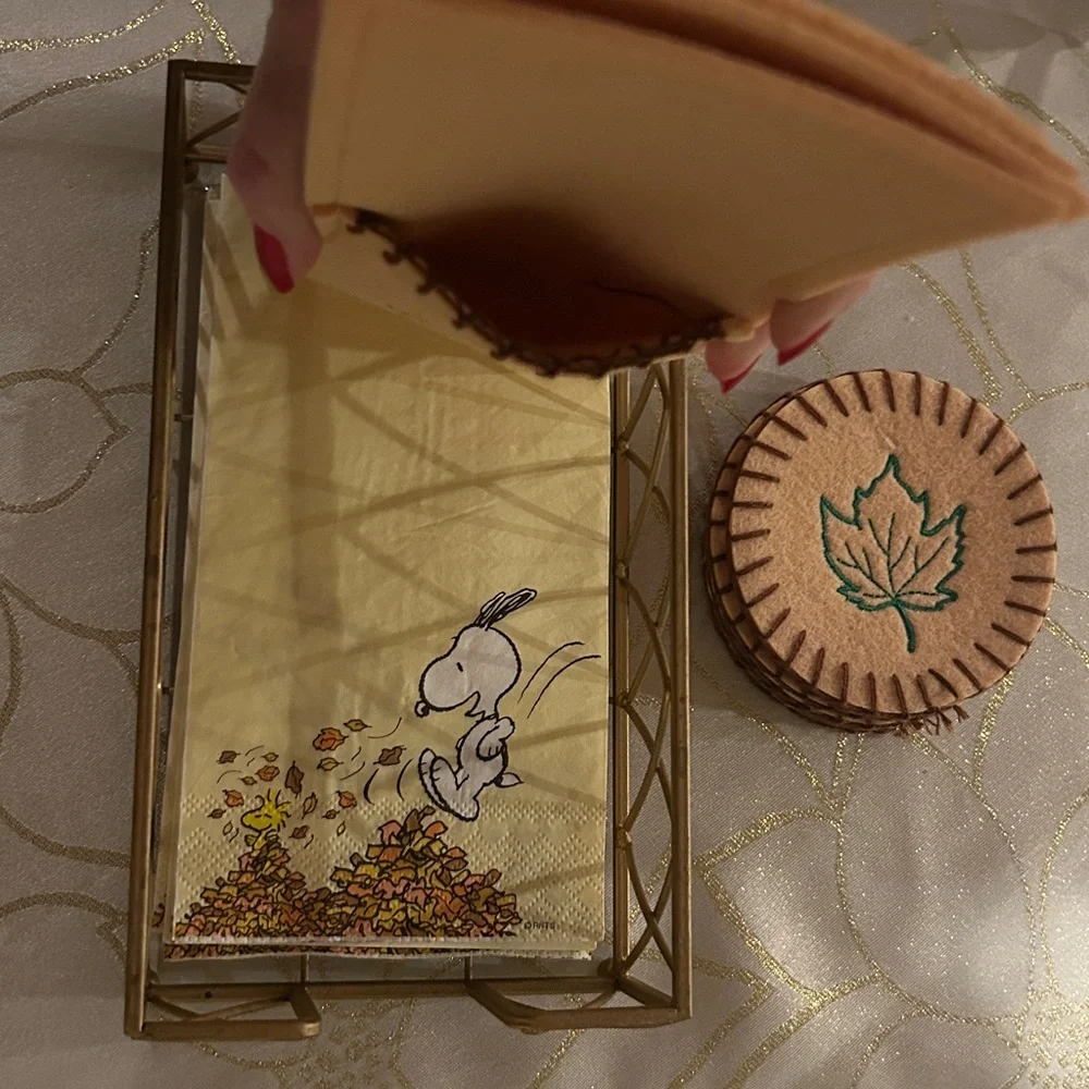 Handmade Tan Felt Coasters with Maple Leaf Embroidery Design NEW